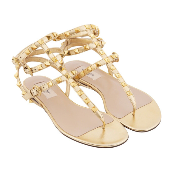 Valentino Rockstud KM5 Gold Leather Triple Ankle Strap Gladiator Flat Sandal 36 - Picture 4 of 10